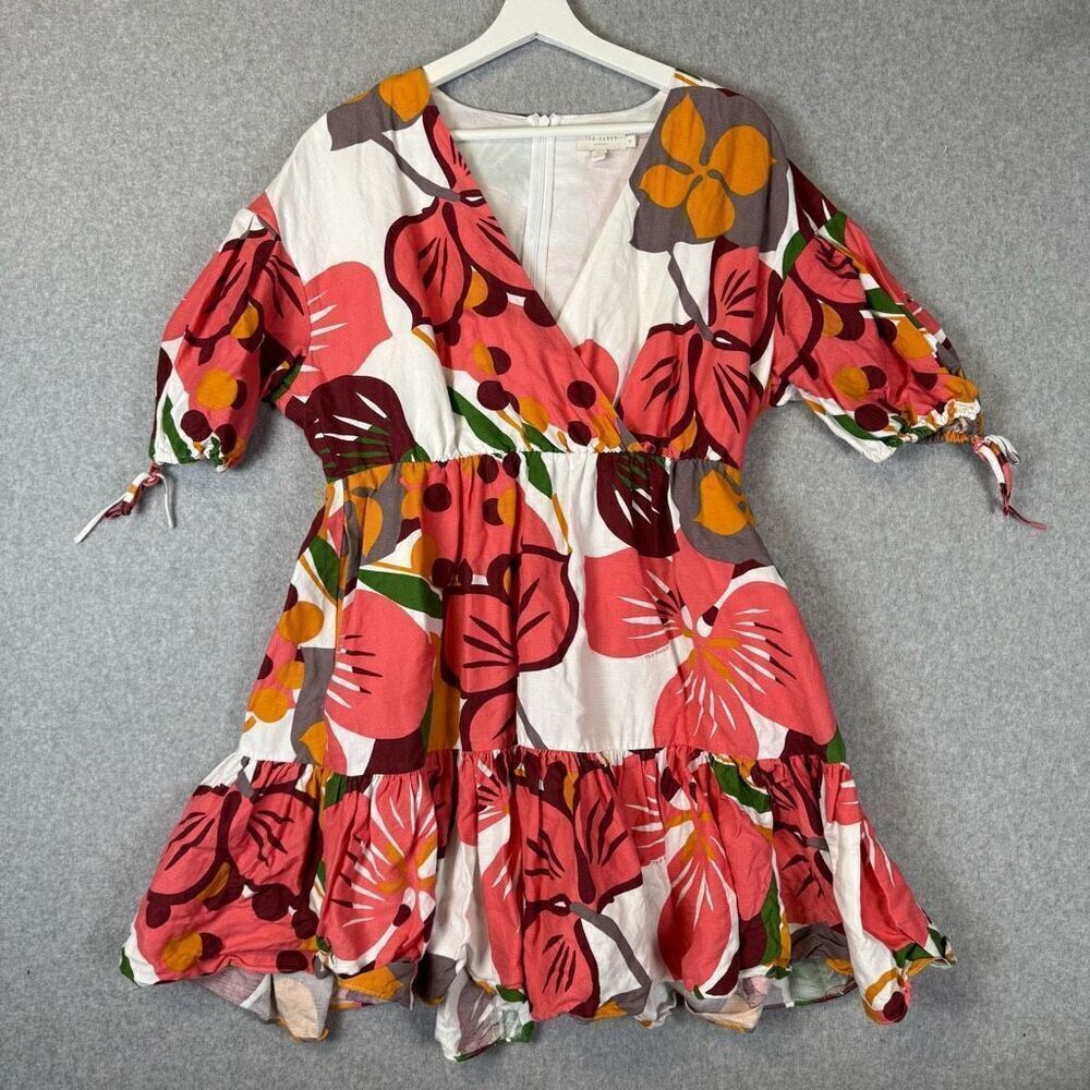 Ted Baker London Womens Size 4 Rhitaa Floral Linen Cotton Mini Dress White Red